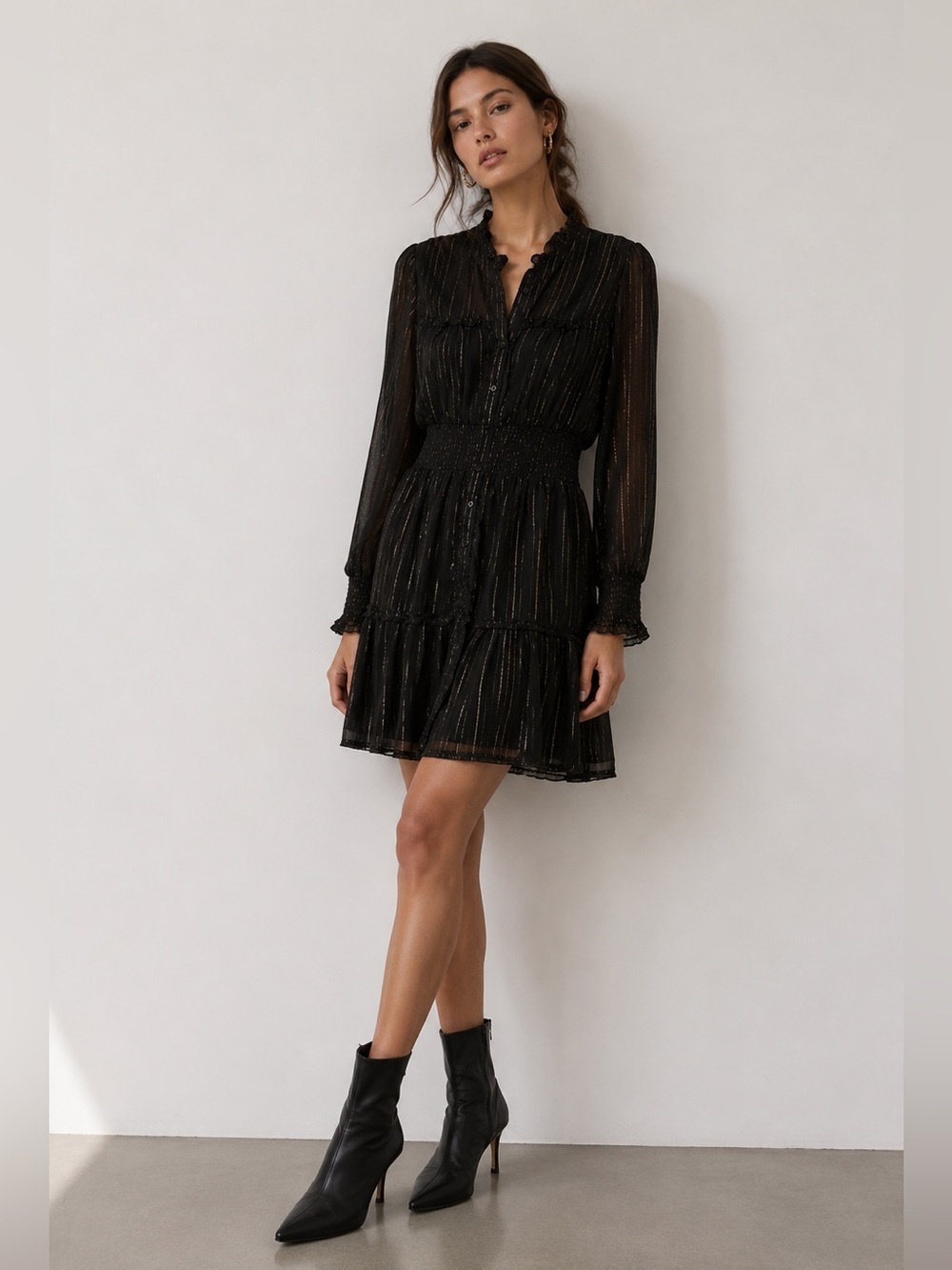 Guillaume Black Metallic Thread Long Sleeve Mini Dress XS